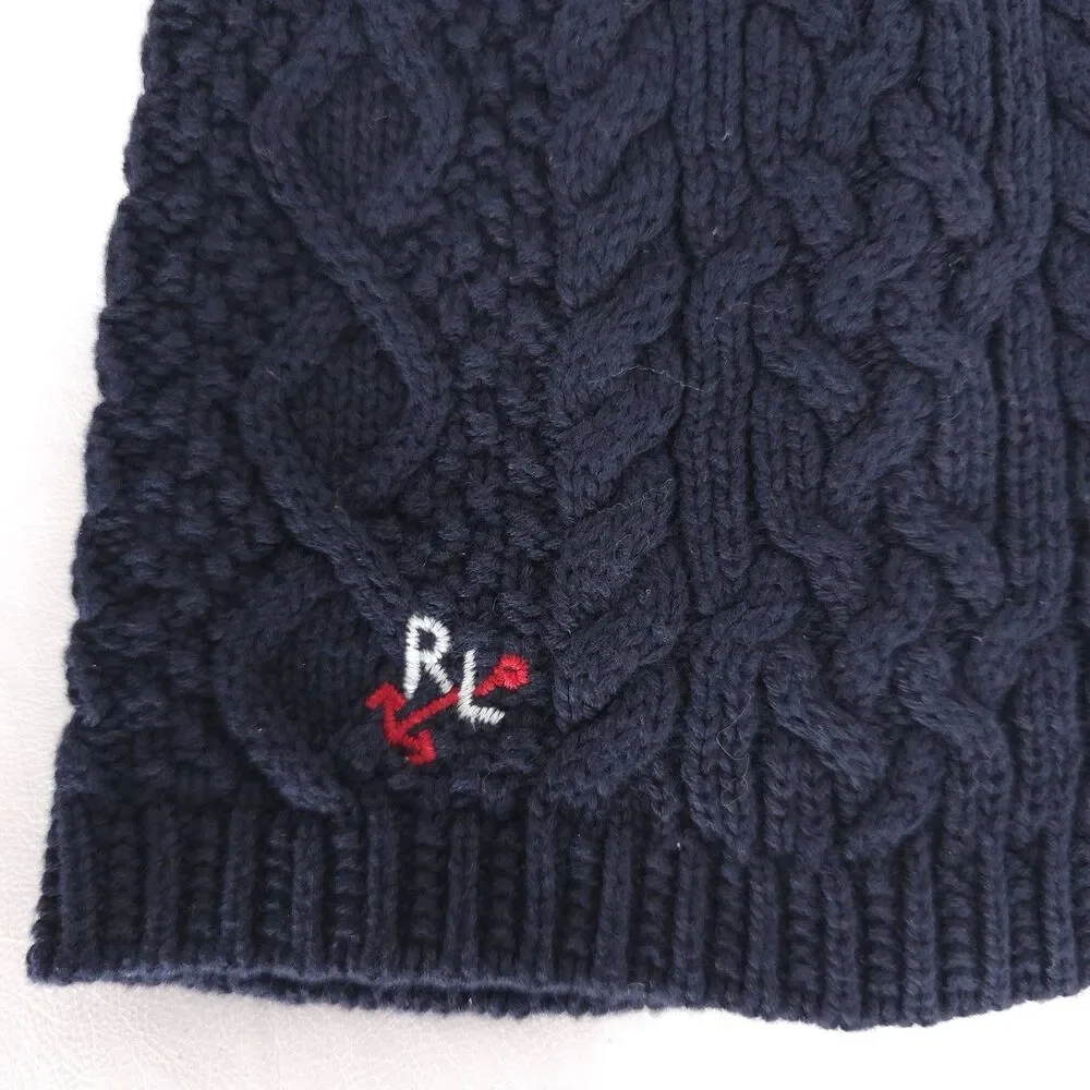 POLO RALPH LAUREN New Beanie One Size 7-16 Navy Blue Aran Cable Knit Embroidered